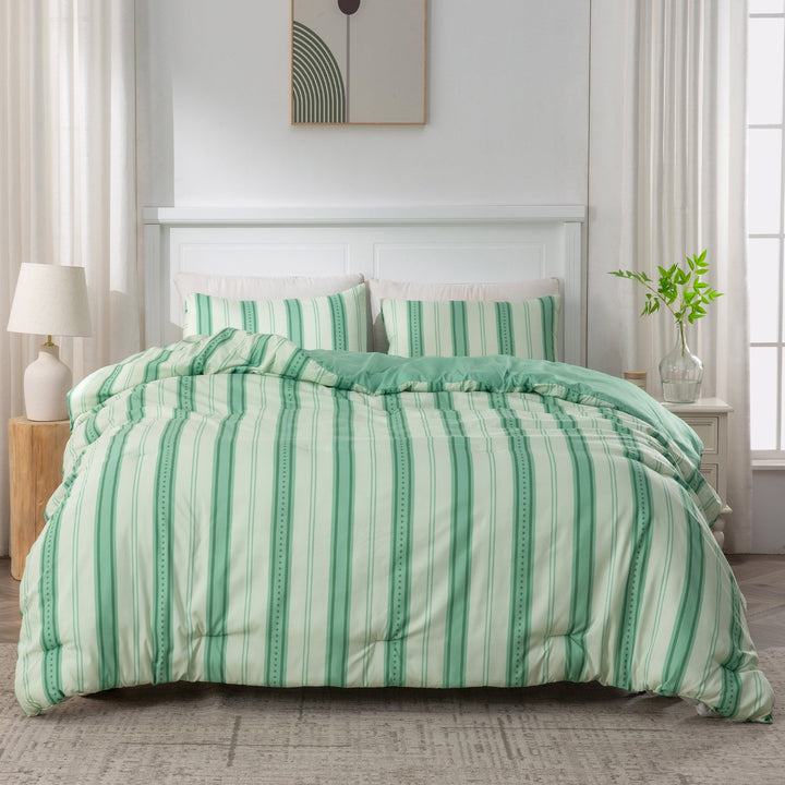 Ultra Soft Reversible Printed Stripe Microfiber Comforter Set - All-Season Warmth, Green Image 3