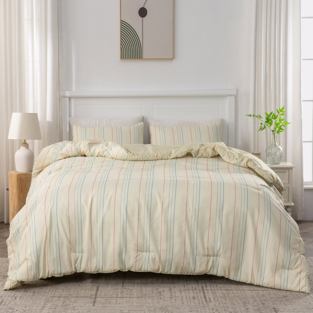 Ultra Soft Reversible Printed Stripe Microfiber Comforter Set - All-Season Warmth, Cream Image 3