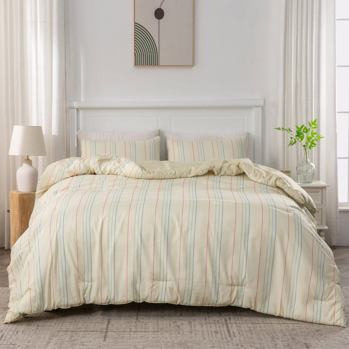 Ultra Soft Reversible Printed Stripe Microfiber Comforter Set - All-Season Warmth, Cream Image 3