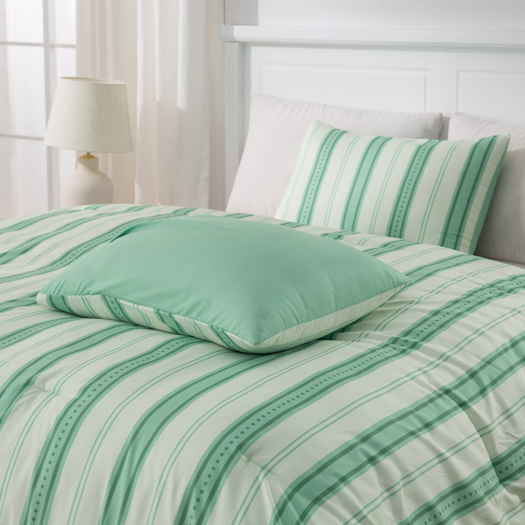 Ultra Soft Reversible Printed Stripe Microfiber Comforter Set - All-Season Warmth, Green Image 4