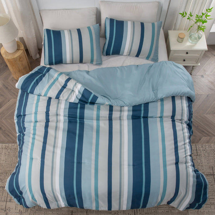 Printed Stripe Microfiber Comforter Set - All-Season Warmth, Blue Image 3