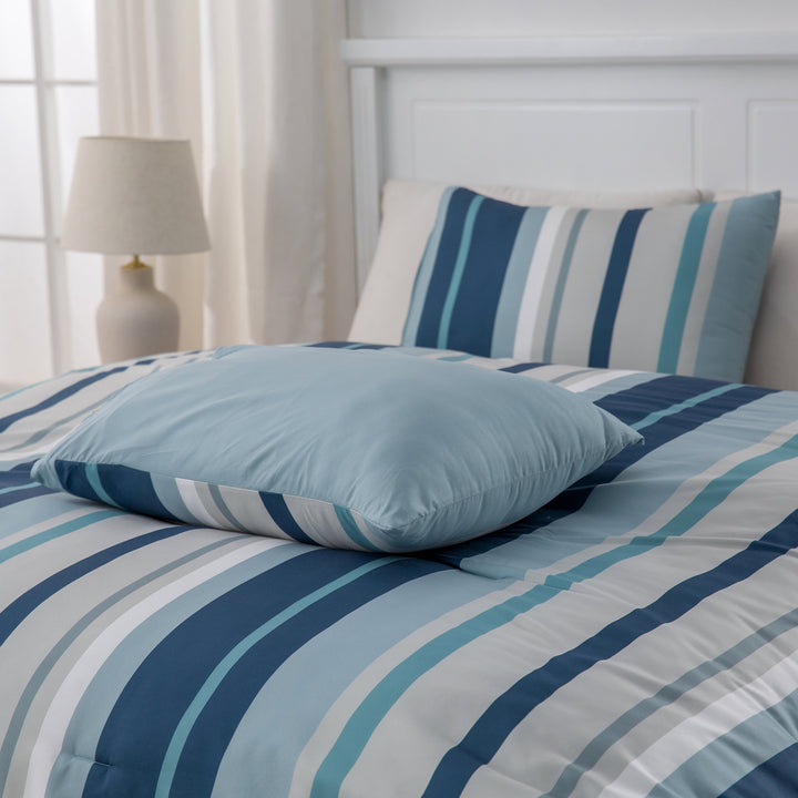 Printed Stripe Microfiber Comforter Set - All-Season Warmth, Blue Image 6