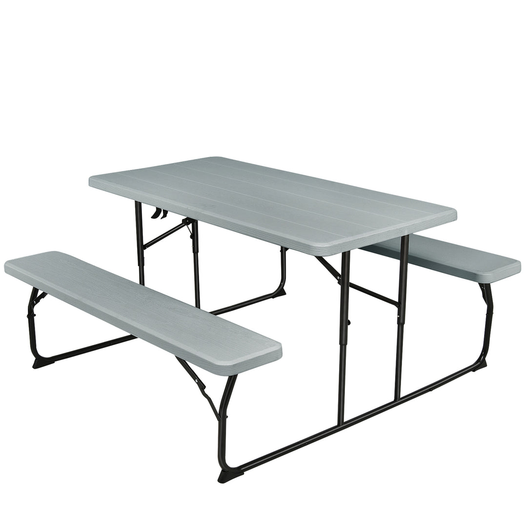 Folding Picnic Table and Bench Set for Camping BBQ w/ Steel Frame Image 5