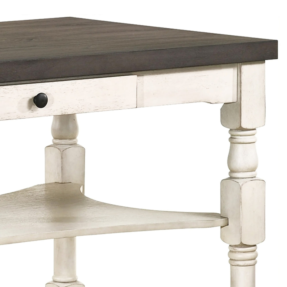 Swan 60 Inch Counter Height Table, Gray Surface, Turned Legs, Ivory Wood- Saltoro Sherpi Image 2