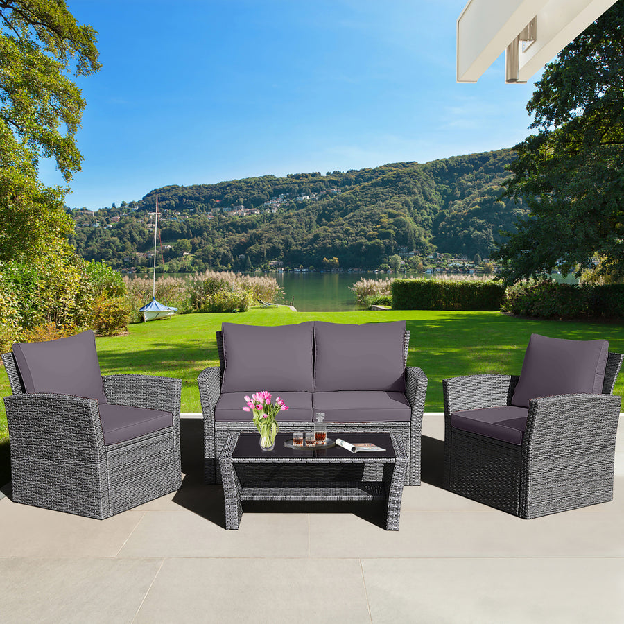 4PCS Patio Rattan Conversation Set Outdoor Furniture Set w/ Grey Cushions Image 1