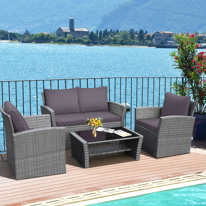 4PCS Patio Rattan Conversation Set Outdoor Furniture Set w/ Grey Cushions Image 10