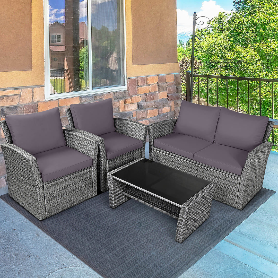 4PCS Patio Rattan Conversation Set Outdoor Furniture Set w/ Grey Cushions Image 4