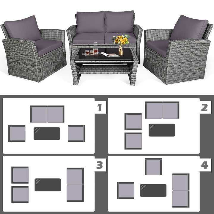 4PCS Patio Rattan Conversation Set Outdoor Furniture Set w/ Grey Cushions Image 5