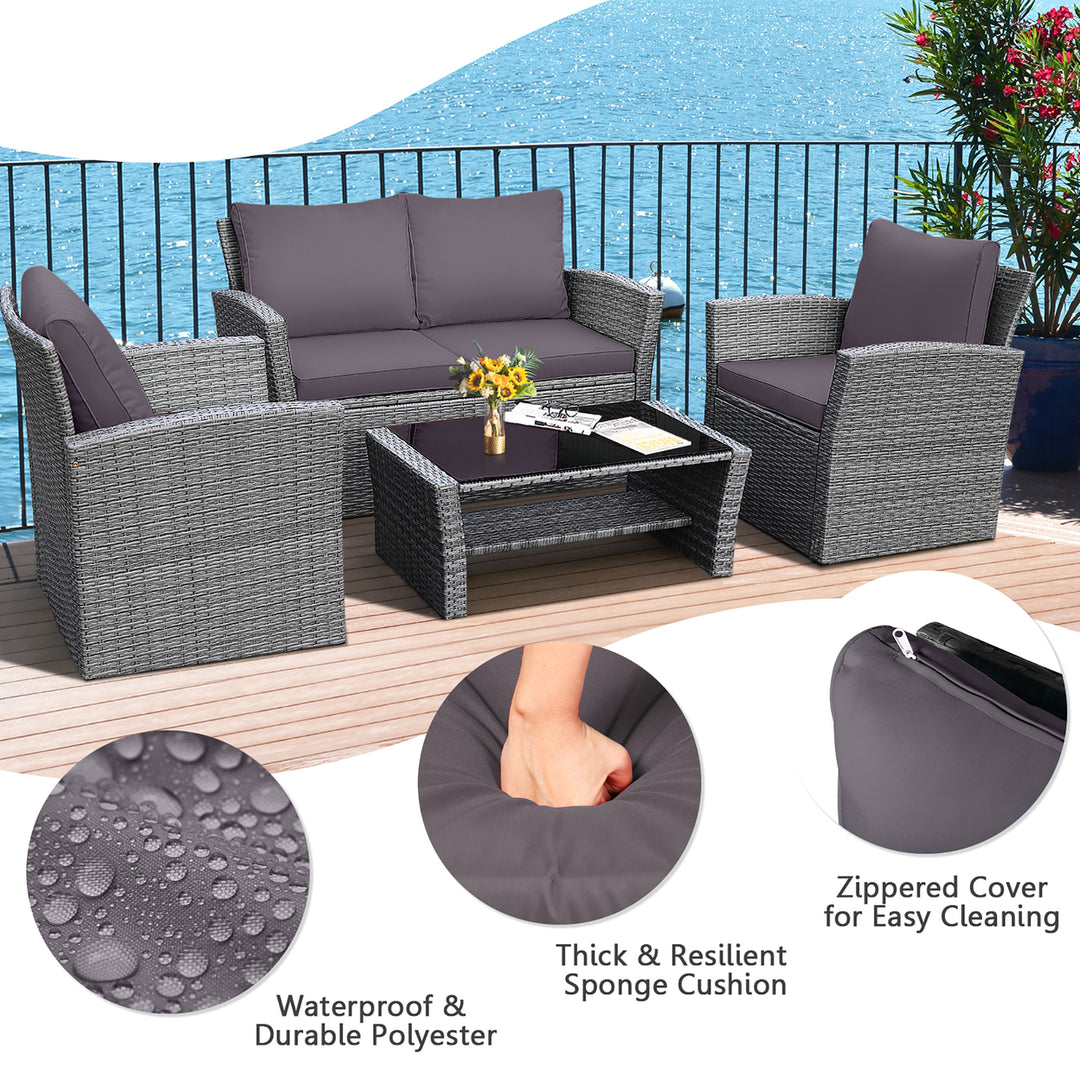 4PCS Patio Rattan Conversation Set Outdoor Furniture Set w/ Grey Cushions Image 8