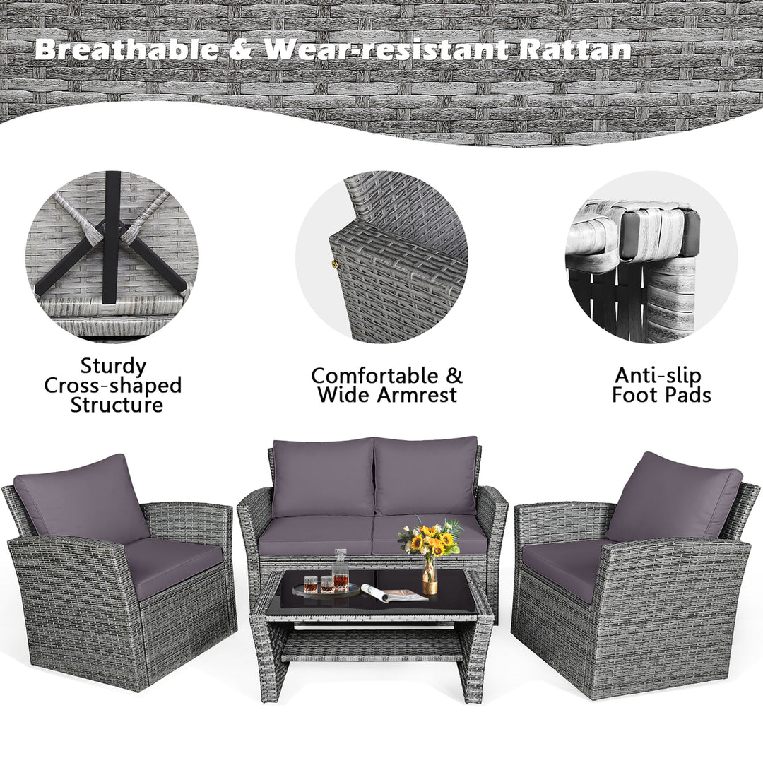 4PCS Patio Rattan Conversation Set Outdoor Furniture Set w/ Grey Cushions Image 9