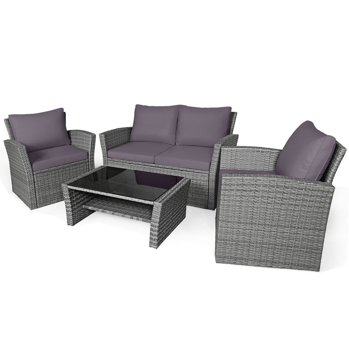 4PCS Patio Rattan Conversation Set Outdoor Furniture Set w/ Grey Cushions Image 2