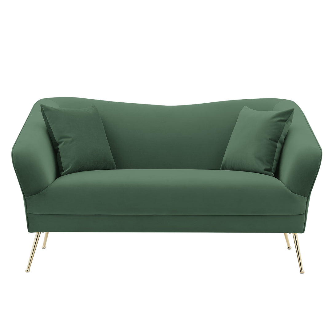 Iconic Home Ember Loveseat Velvet Upholstered Tight Seat Back Design Flared Gold Tone Metal Legs with 2 Decorative Image 6