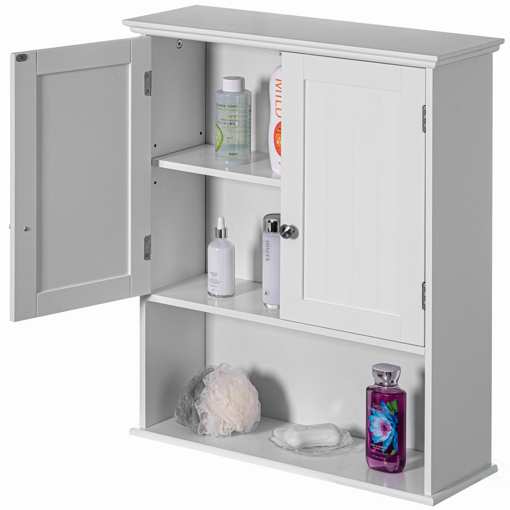 Wall Mount Bathroom Cabinet Wooden Medicine Cabinet Storage Organizer Double Door with 2 Shelves, and Open Display Shelf Image 2