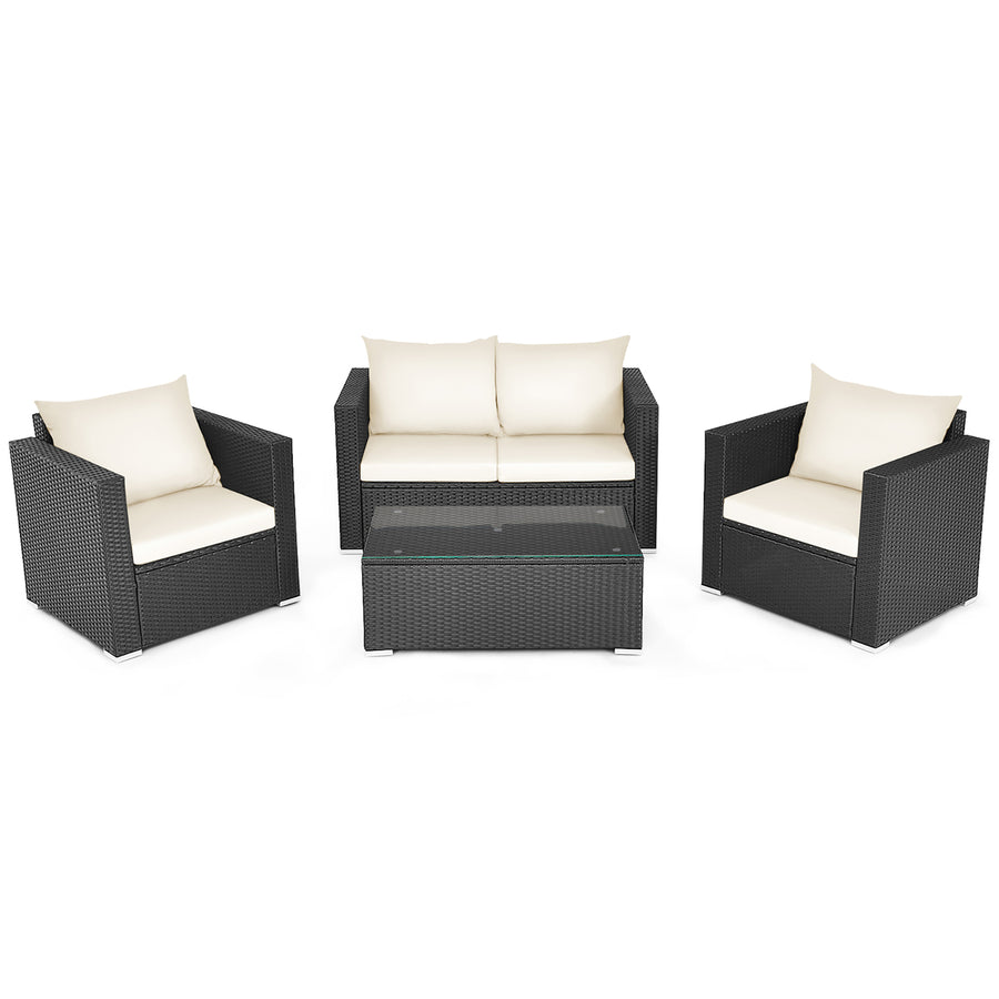 4PCS Patio Rattan Furniture Set Cushioned Sofa Chair Coffee Table Off White Image 1