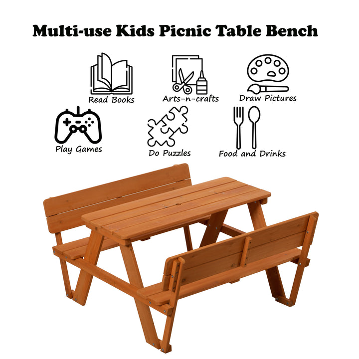 Wooden Kids Picnic Table Bench with Backrest, Outdoor Childrens Backyard Table, Crafting, Dining, and Playtime Patio Image 4