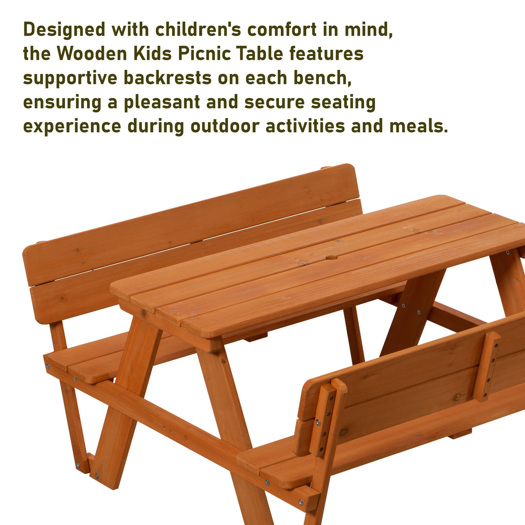 Wooden Kids Picnic Table Bench with Backrest, Outdoor Childrens Backyard Table, Crafting, Dining, and Playtime Patio Image 7