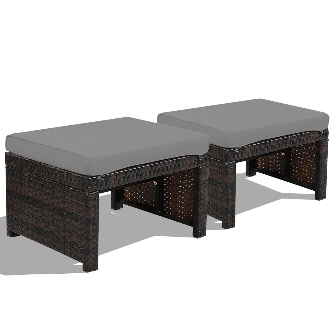 Set of 2 Rattan Ottoman Footrest Footstool Patio Furniture w/ Cushion Image 7