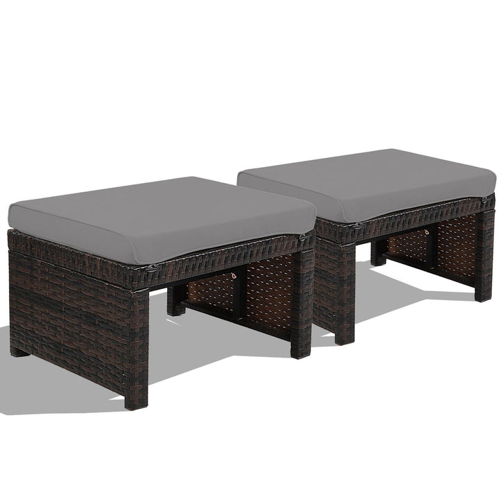 Set of 2 Rattan Ottoman Footrest Footstool Patio Furniture w/ Cushion Image 1