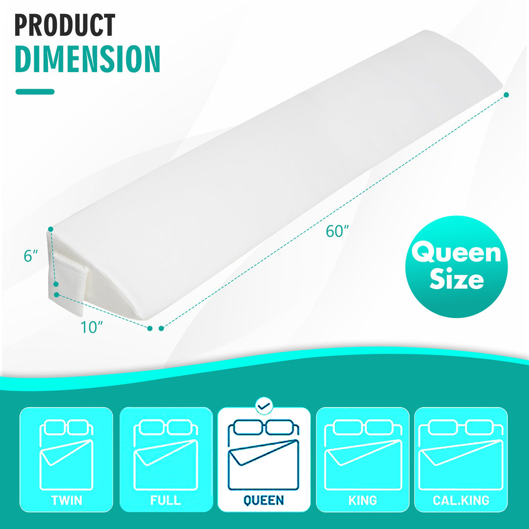 Queen Size Bed Wedge Pillow with Side Pocket Bed Gap Filler 60 x 10 x 6 White Image 3