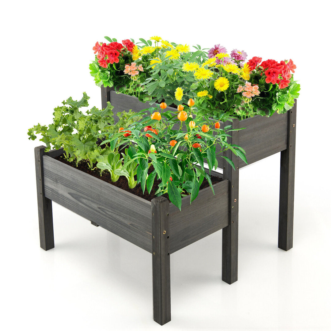 2 Tier Wooden Raised Garden Bed Elevated Planter Box w/ Legs Drain Holes Image 1