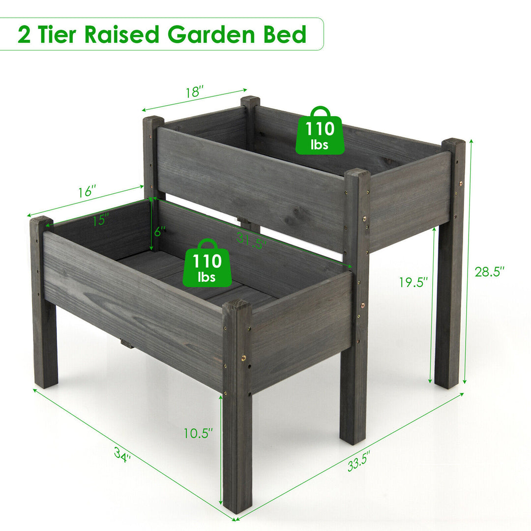 2 Tier Wooden Raised Garden Bed Elevated Planter Box w/ Legs Drain Holes Image 2