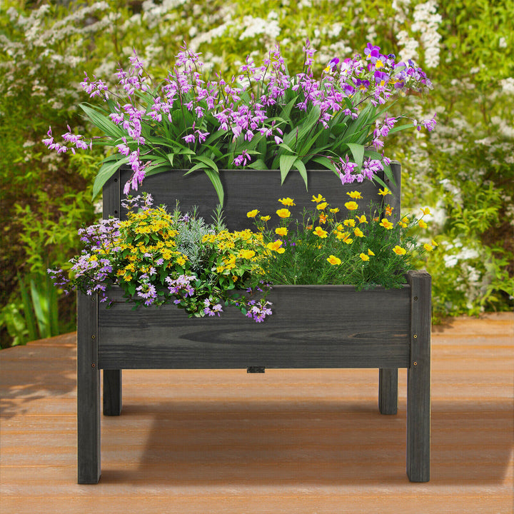 2 Tier Wooden Raised Garden Bed Elevated Planter Box w/ Legs Drain Holes Image 4