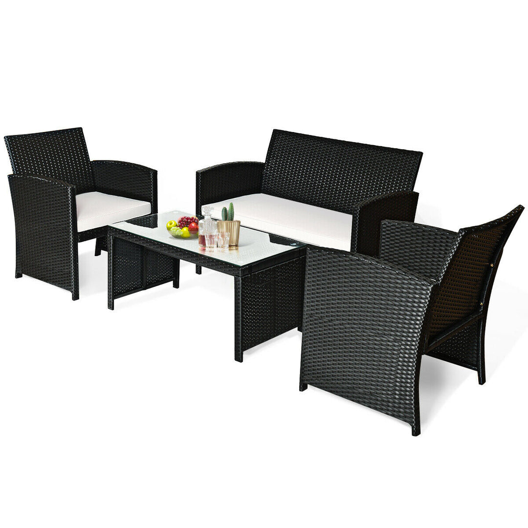 4PCS Patio Rattan Wicker Furniture Conversation Set Cushioned Sofa Table Image 10