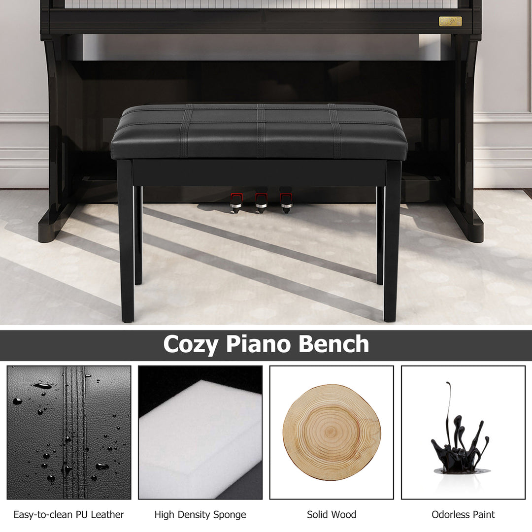 Solid Wood PU Leather Piano Bench Padded Double Duet Keyboard Seat Storage Black Image 6