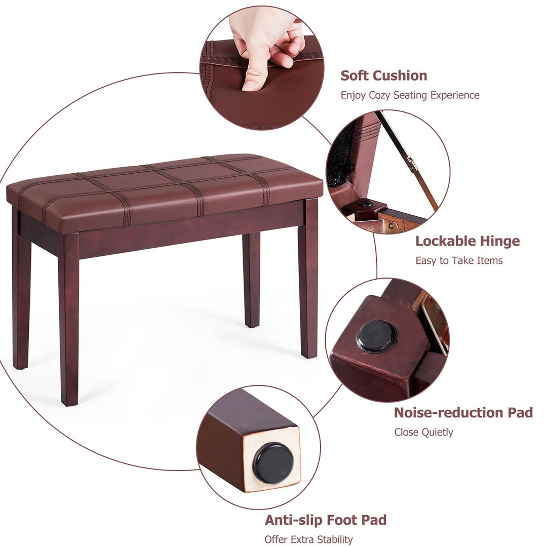 Solid Wood PU Leather Piano Bench Padded Double Duet Keyboard Seat Storage Brown Image 8