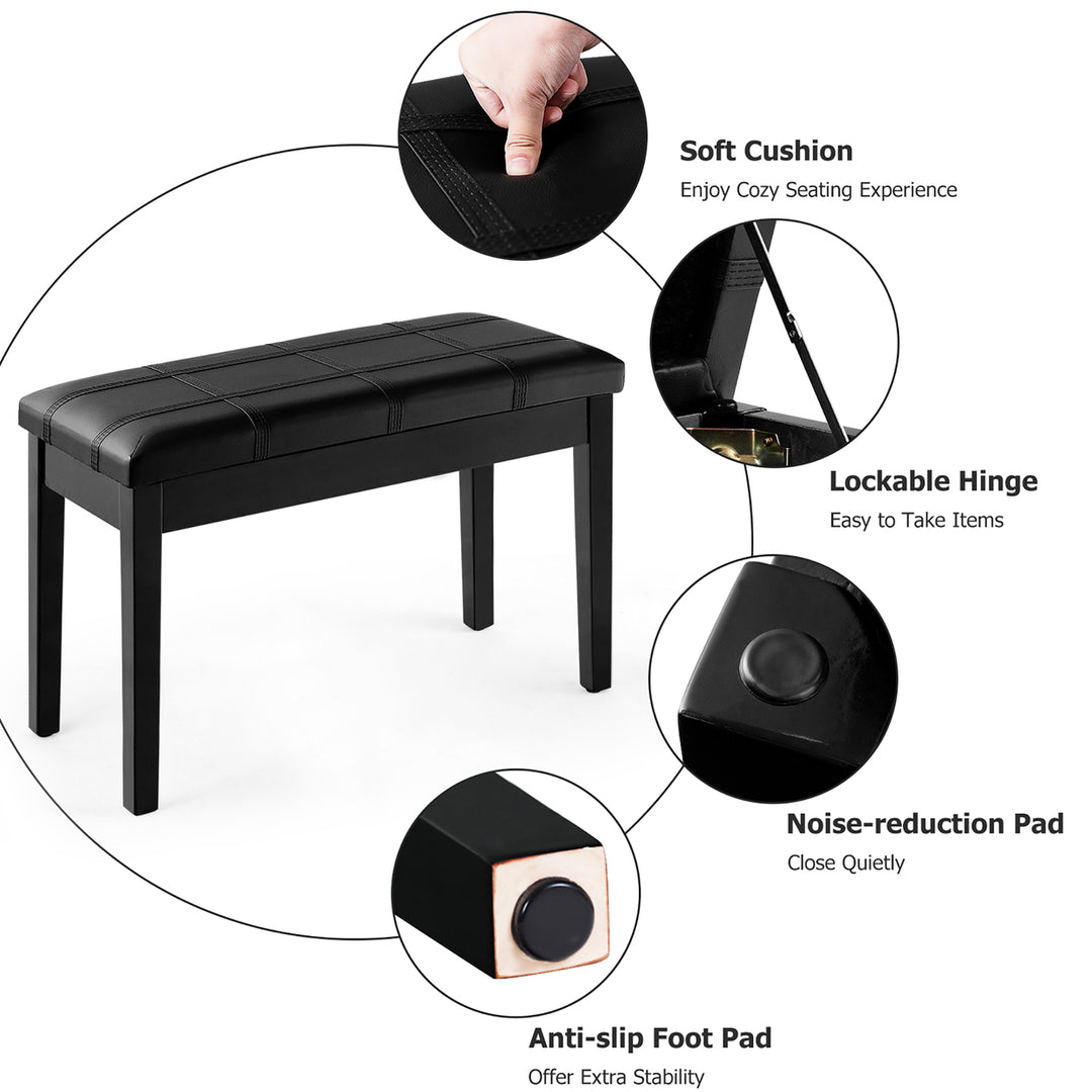 Solid Wood PU Leather Piano Bench Padded Double Duet Keyboard Seat Storage Black Image 8