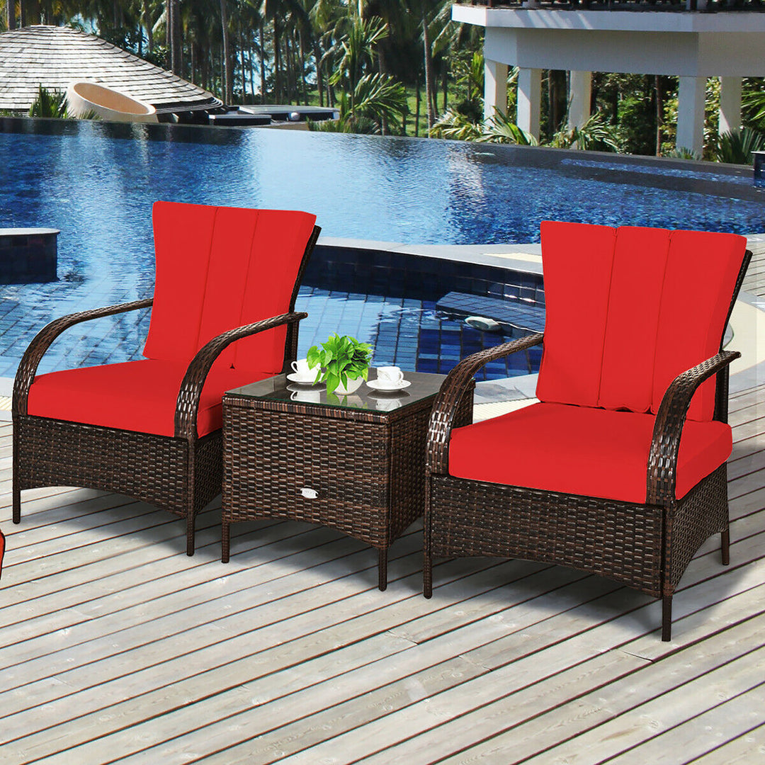 3 PCS Patio Rattan Furniture Set Coffee Table and 2 Rattan Chair W/Red Cushions Image 5