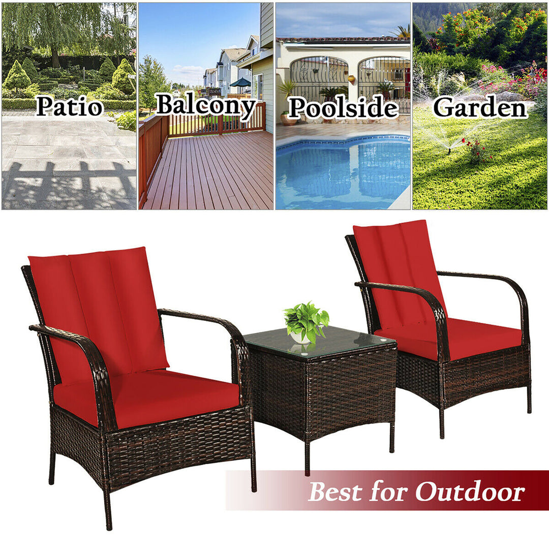 3 PCS Patio Rattan Furniture Set Coffee Table and 2 Rattan Chair W/Red Cushions Image 6