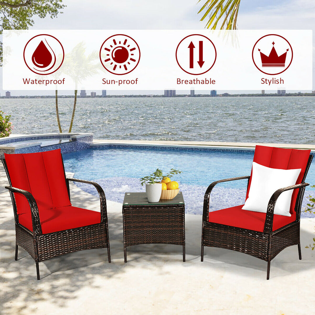 3 PCS Patio Rattan Furniture Set Coffee Table and 2 Rattan Chair W/Red Cushions Image 7