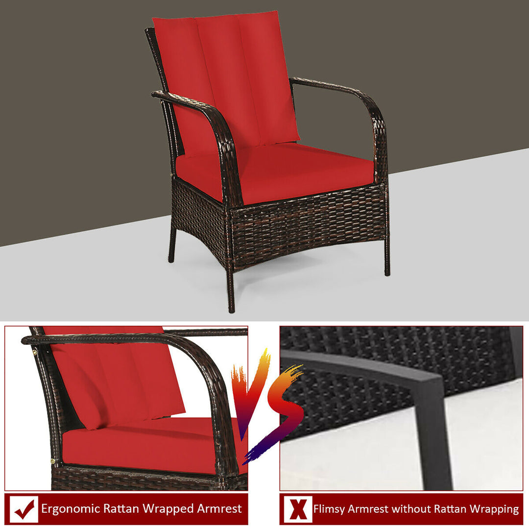 3 PCS Patio Rattan Furniture Set Coffee Table and 2 Rattan Chair W/Red Cushions Image 8