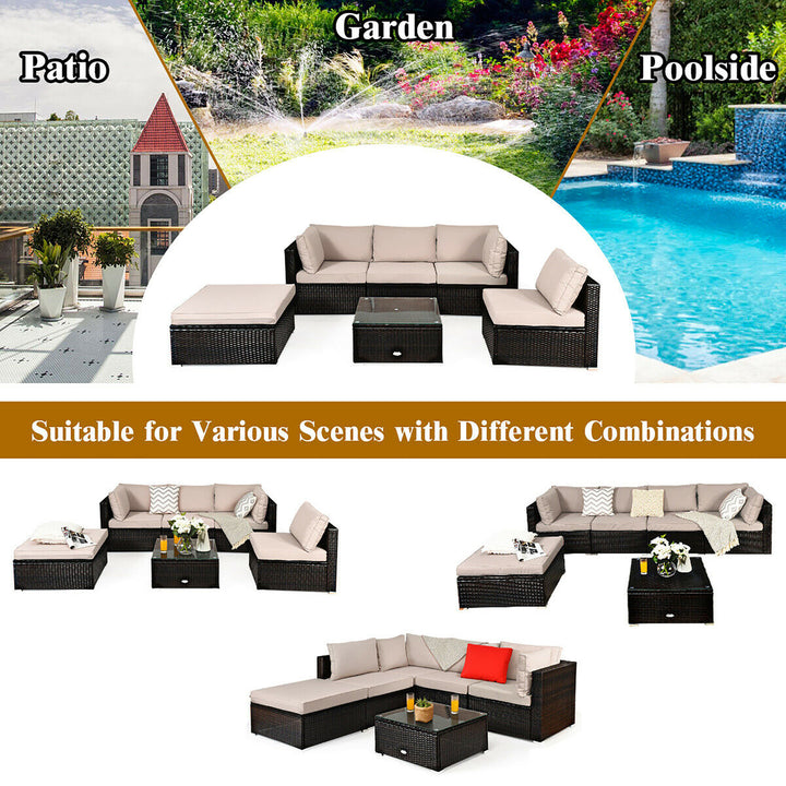 6PCS Outdoor Patio Rattan Furniture Set Cushioned Sectional Sofa Ottoman Image 5