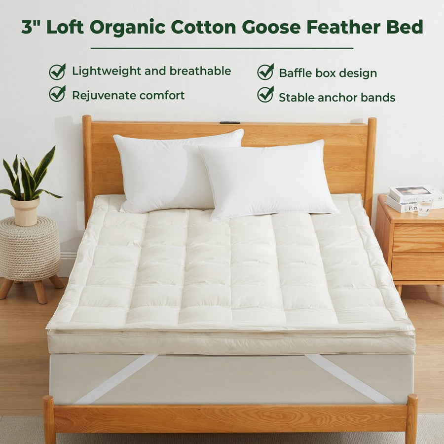 Premium White Goose Feather Mattress Topper,  3" Soft Feather Bed, 300 TC Organic Cotton Cover, Eco-friendly and Image 1