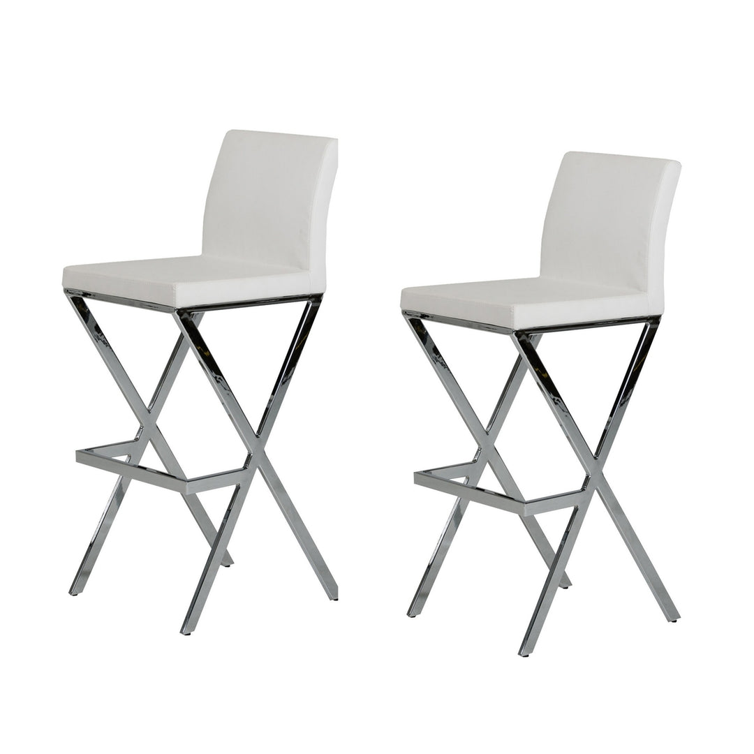 Cid Anji 30 Inch Bar Stool Set of 2, White Vegan Faux Leather, Cross Legs- Saltoro Sherpi Image 1