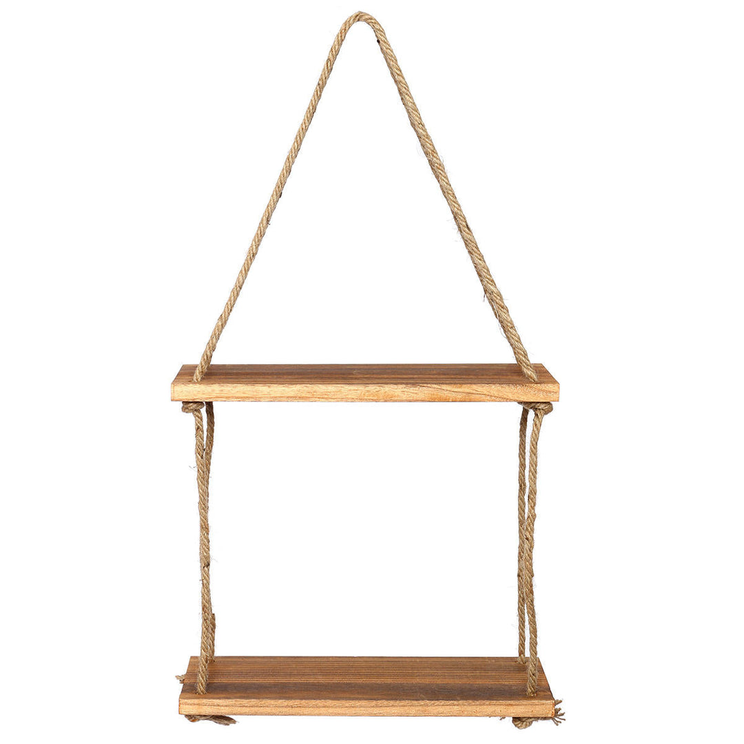 1,2,3Tier Wooden Wall Mounted Rope Floating Storage Shelf Kitchen Rack Hanging Shelves Holder Image 3