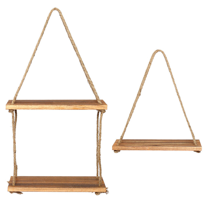 1,2,3Tier Wooden Wall Mounted Rope Floating Storage Shelf Kitchen Rack Hanging Shelves Holder Image 5