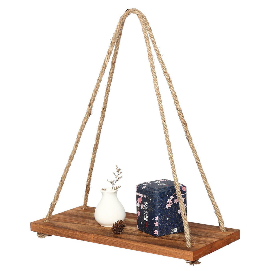 1,2,3Tier Wooden Wall Mounted Rope Floating Storage Shelf Kitchen Rack Hanging Shelves Holder Image 9