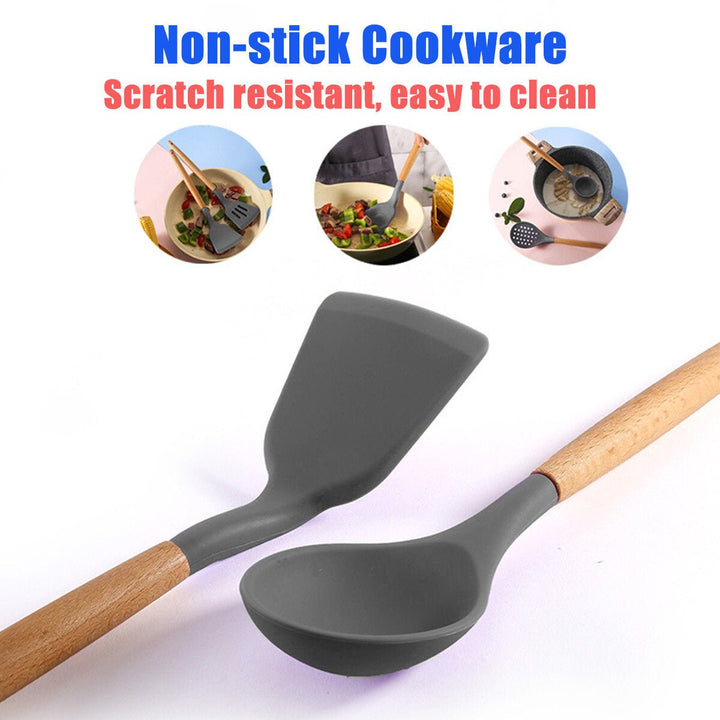 12 Pcs Non-stick Wooden Handle Silicone Kitchen Utensil Set Heat-Resistant Cookware Kit with Storage Box Image 5