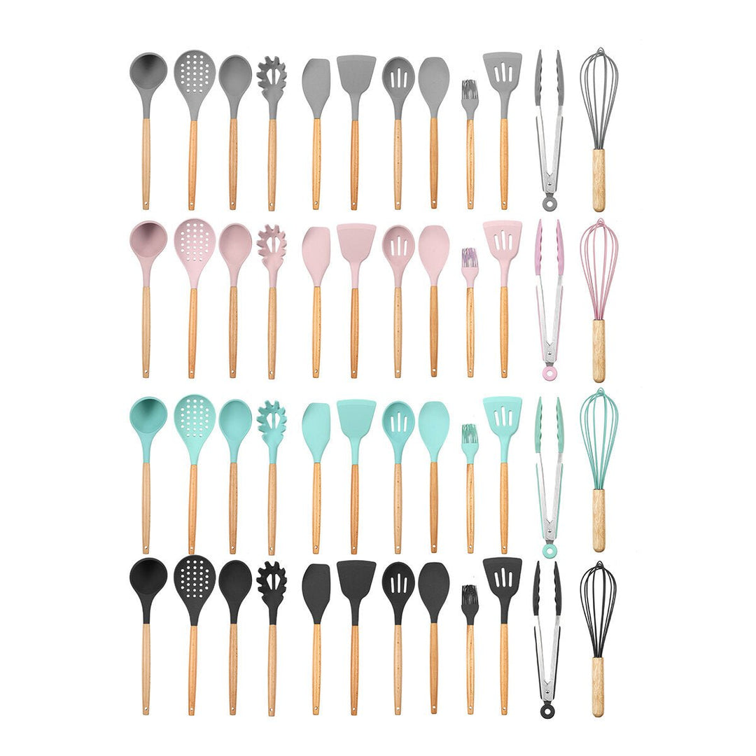 12Pcs Wooden Silicone Kitchen Utensil Nonstick Cooking Tool Spoon Soup Ladle Turner Spatula Tong Cookware Baking Gadget Image 1