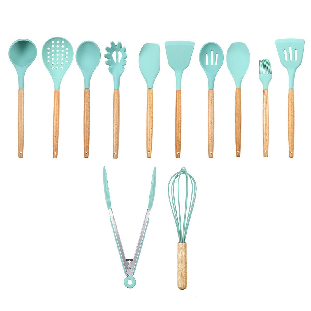 12Pcs Wooden Silicone Kitchen Utensil Nonstick Cooking Tool Spoon Soup Ladle Turner Spatula Tong Cookware Baking Gadget Image 1