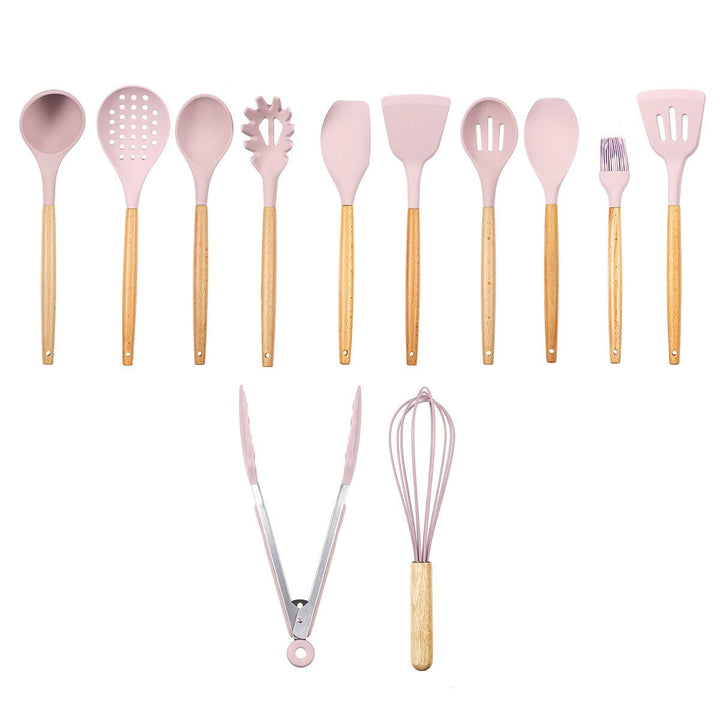 12Pcs Wooden Silicone Kitchen Utensil Nonstick Cooking Tool Spoon Soup Ladle Turner Spatula Tong Cookware Baking Gadget Image 1