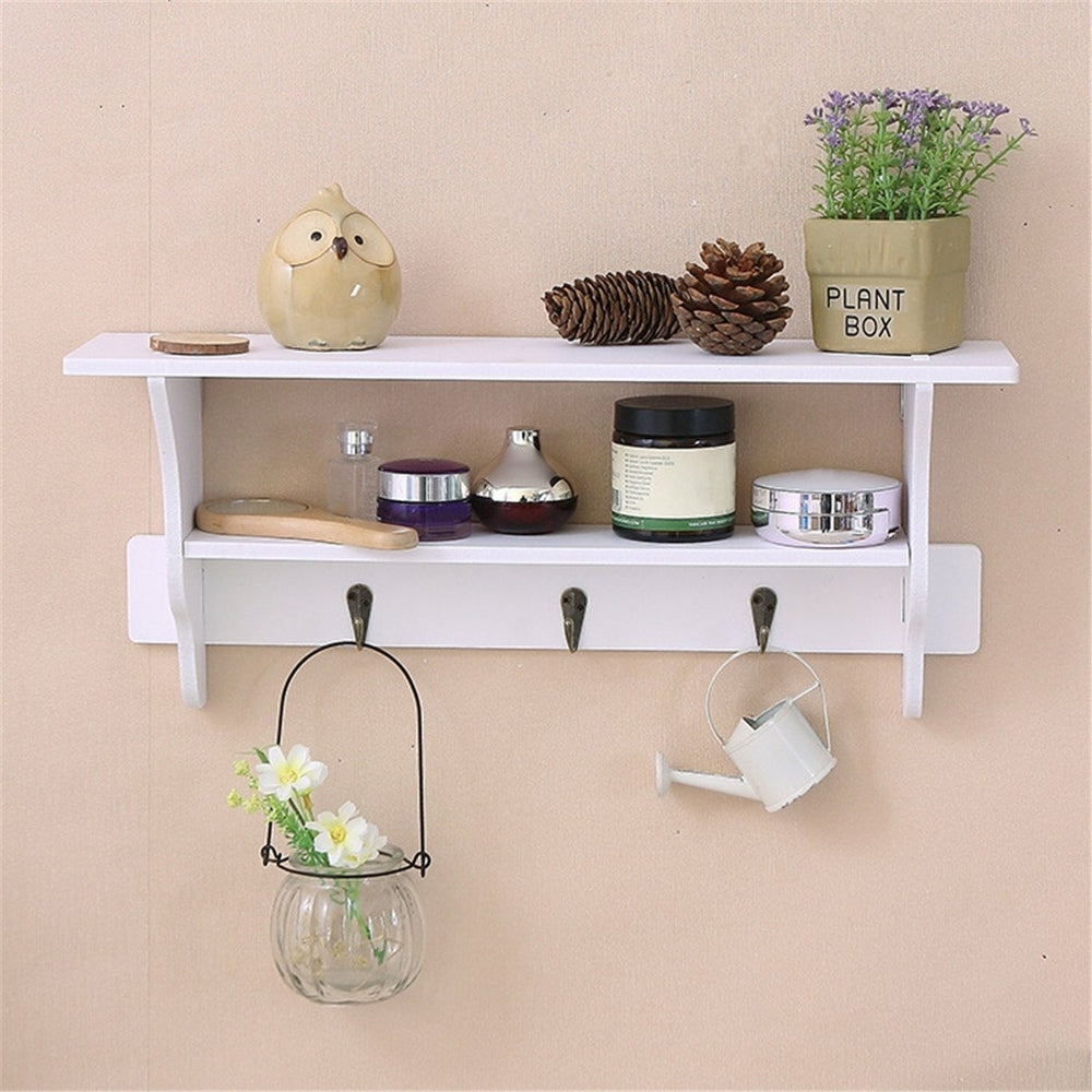 2 Tier Wall Mount Shelf Ornament Sundries Storage Holder Organizer Rack Hooks Image 2