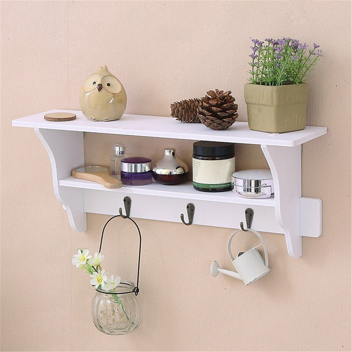 2 Tier Wall Mount Shelf Ornament Sundries Storage Holder Organizer Rack Hooks Image 3