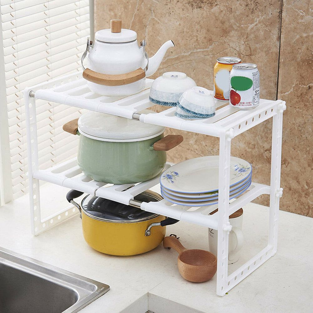 2 Tier Under Sink Expandable Cabinet Shelf Organizer Kitchen Storage Rack Image 2