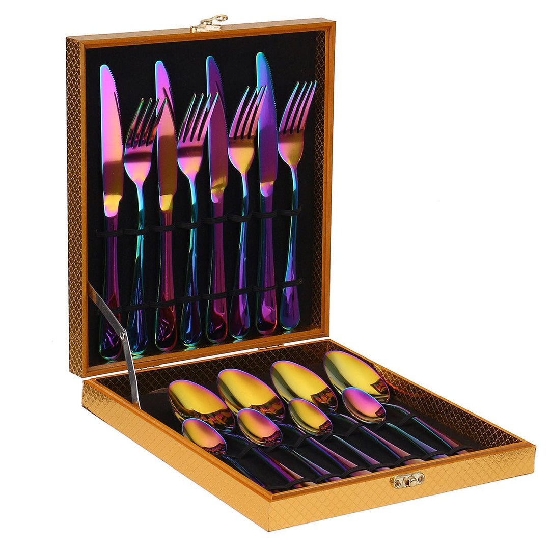 16PCS Cutlery Set Stainless Steel Rainbow Fork Spoon Kitchen Dinnerware Sets With Storage Box Image 1