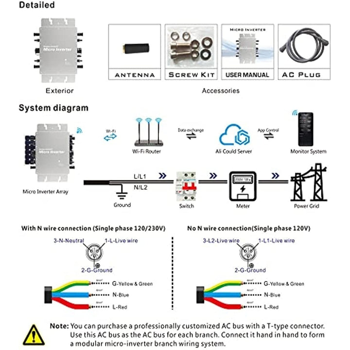 2000W WiFi Solar Grid Tie Micro Inverter, IP65 MPPT DC20-60V with Smart Monitor, 5G IoT Platform Management, 3m, 118in Image 6