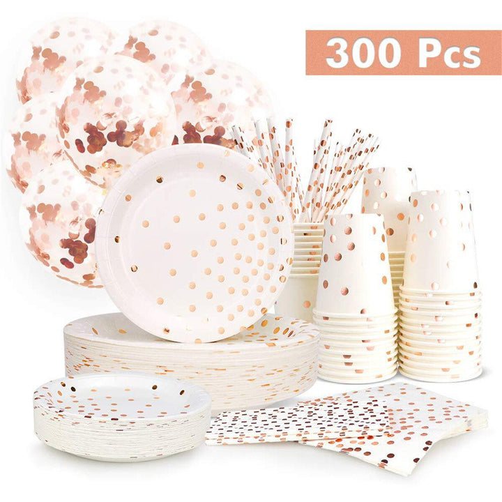 300Pcs Disposable Paper Dinner Dessert Plates Cups Napkins Balloons Straws Set Image 7